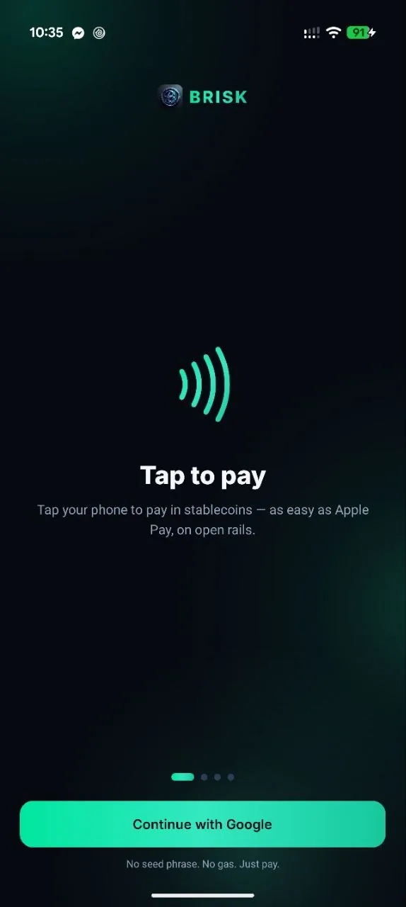 Brisk onboarding screen with Continue with Google sign-in and the line: no seed phrase, no gas, just pay