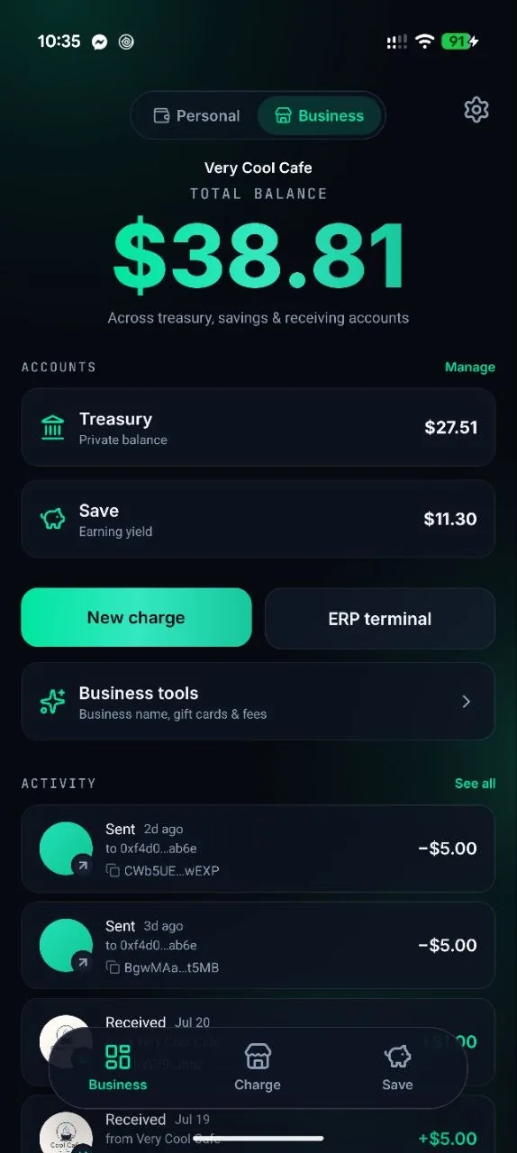Brisk business wallet showing the Very Cool Cafe balance, Treasury and Save accounts, and recent activity